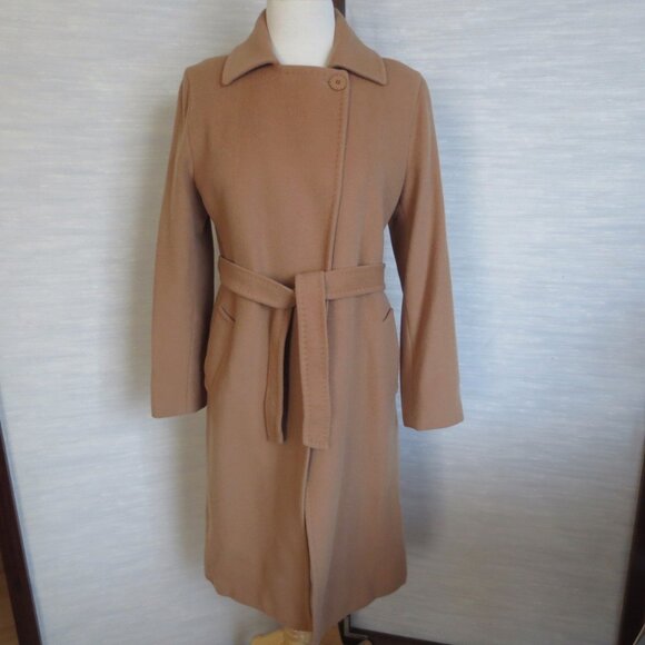 Wool and Cashmere Camel Beige Tan Long Tie Waist Elegant Coat S Small - Picture 8 of 11